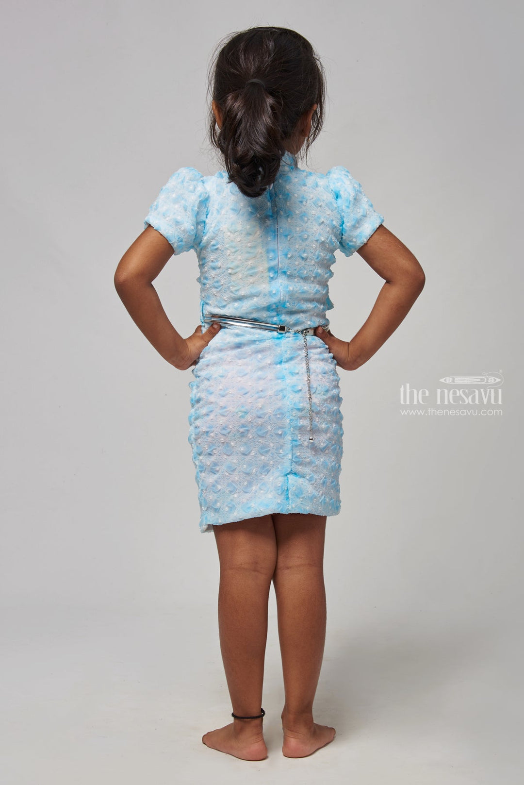 The Nesavu Baby Frock / Jhabla Blue Lucknow Chikan - Exquisite High Neck Dress for Babies Nesavu Baby Fancy Frock Collection | Baby Dress Online | The Nesavu