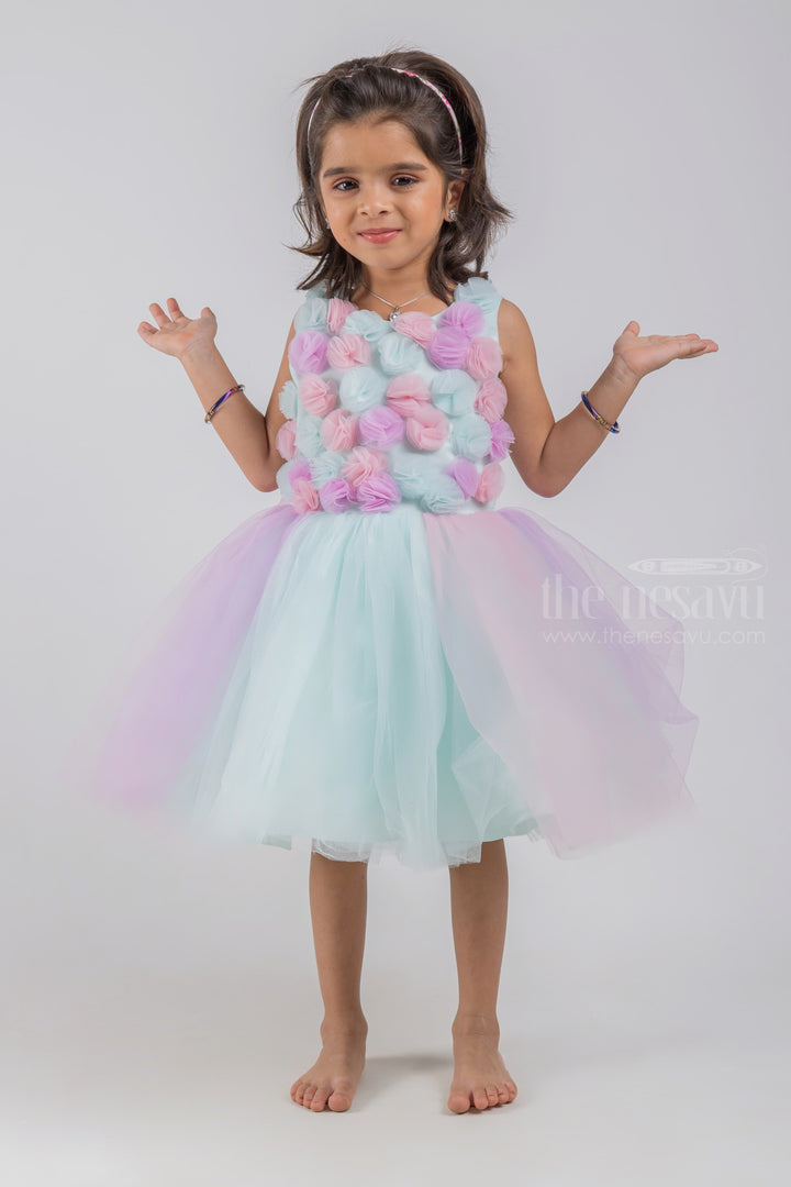 The Nesavu Girls Tutu Frock Blue Party Wear Net Frock With Hand Made Flowers For Girls psr silks Nesavu 16 (1Y) / Blue PF111C