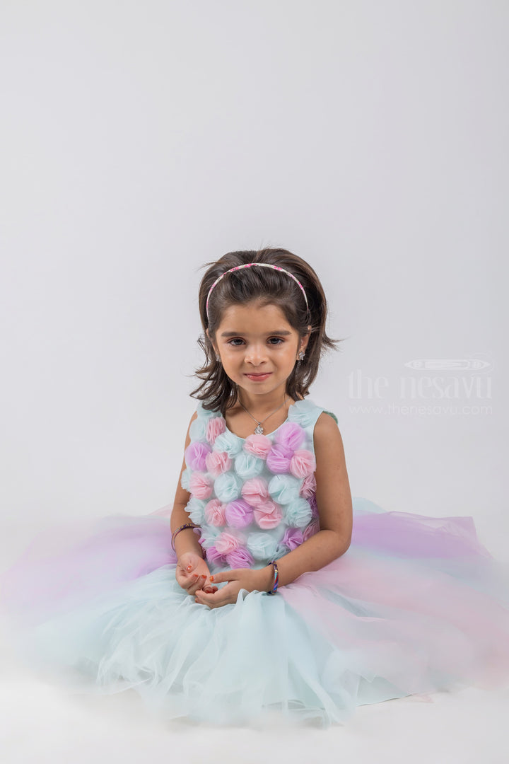 The Nesavu Girls Tutu Frock Blue Party Wear Net Frock With Hand Made Flowers For Girls psr silks Nesavu