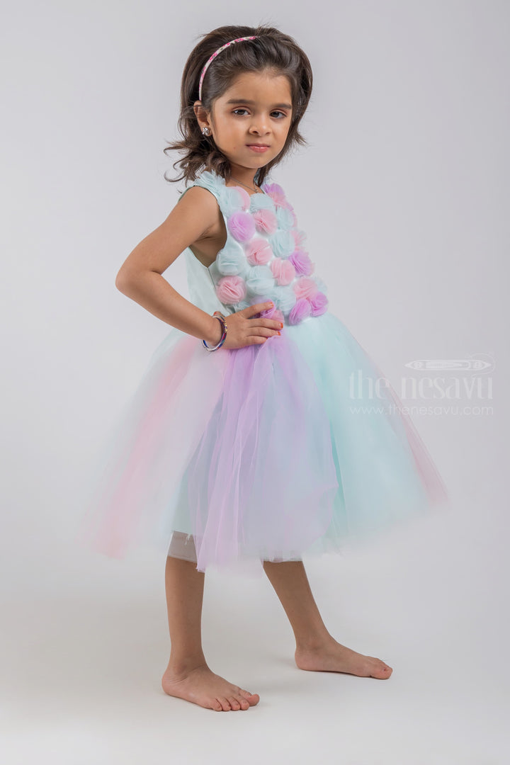 The Nesavu Girls Tutu Frock Blue Party Wear Net Frock With Hand Made Flowers For Girls psr silks Nesavu