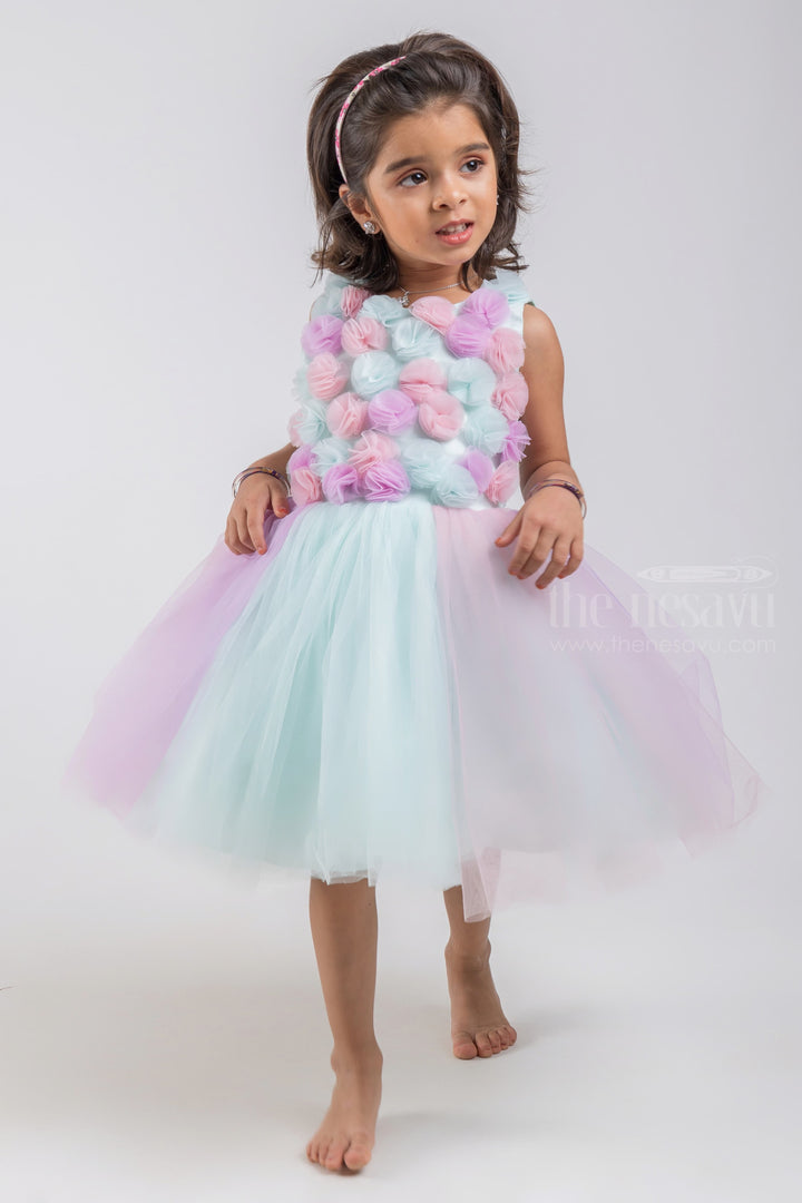 The Nesavu Girls Tutu Frock Blue Party Wear Net Frock With Hand Made Flowers For Girls psr silks Nesavu