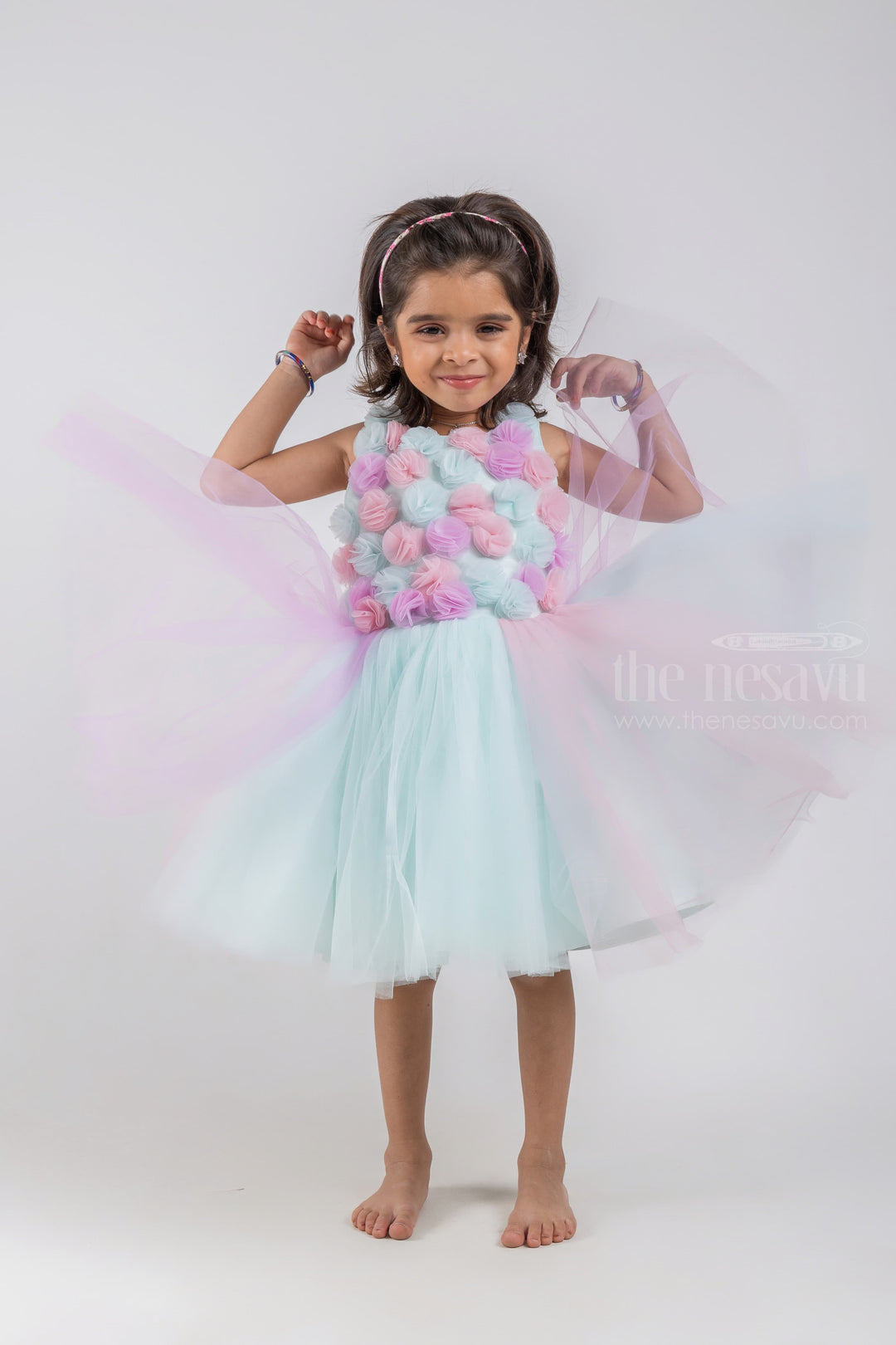 The Nesavu Girls Tutu Frock Blue Party Wear Net Frock With Hand Made Flowers For Girls psr silks Nesavu