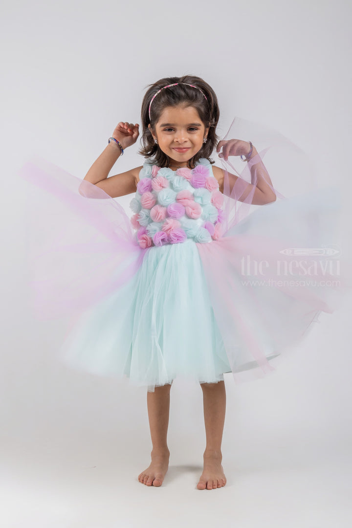 The Nesavu Girls Tutu Frock Blue Party Wear Net Frock With Hand Made Flowers For Girls psr silks Nesavu