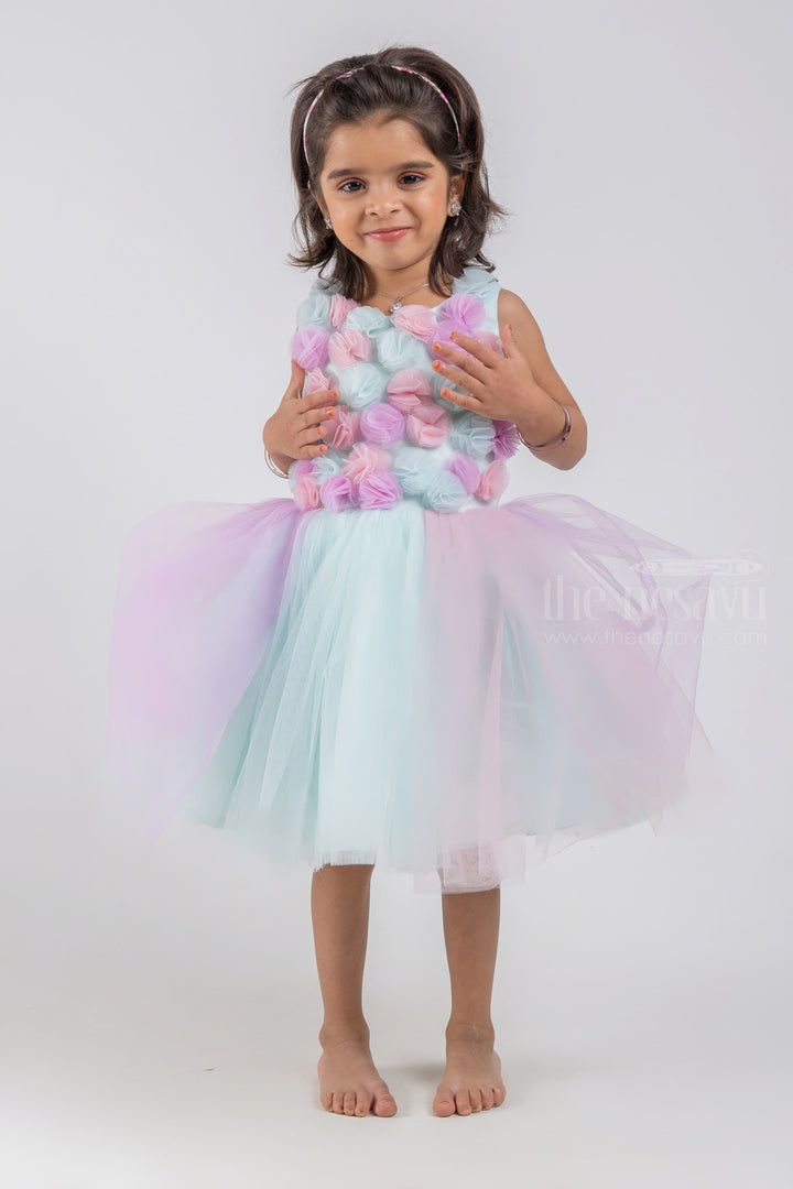 The Nesavu Girls Tutu Frock Blue Party Wear Net Frock With Hand Made Flowers For Girls psr silks Nesavu