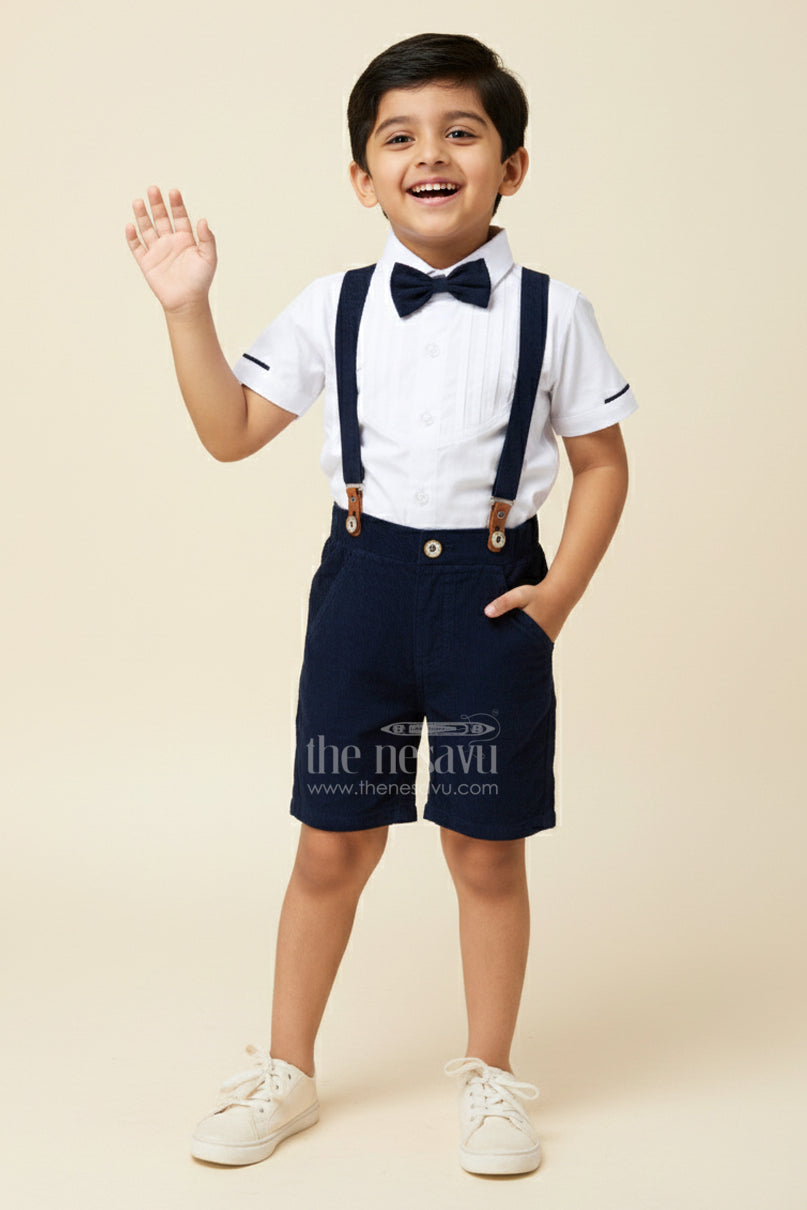Nesavu Blue Short Set Boys White Pleated Shirt Navy Corduroy