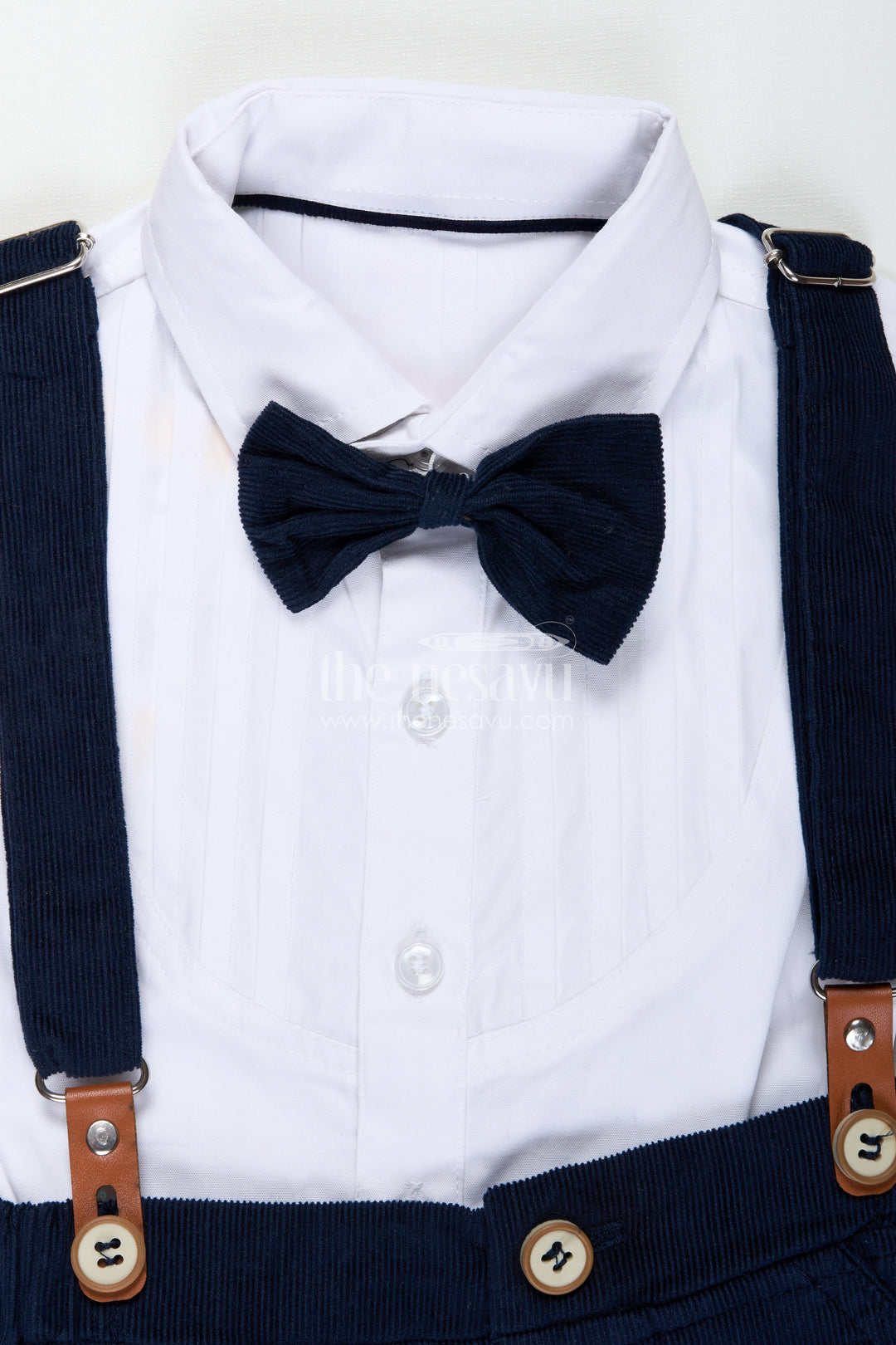 The Nesavu Boys Casual Set Blue Short Set for Boys with Pleated Cotton Shirt and Navy Corduroy Shorts with Matching Suspenders Nesavu Nesavu Blue Short Set Boys White Pleated Shirt Navy Corduroy Shorts Bow Tie