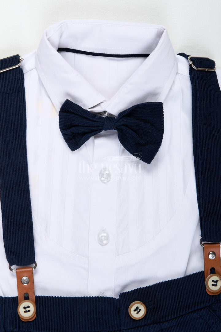The Nesavu Boys Casual Set Blue Short Set for Boys with Pleated Cotton Shirt and Navy Corduroy Shorts with Matching Suspenders Nesavu Nesavu Blue Short Set Boys White Pleated Shirt Navy Corduroy Shorts Bow Tie