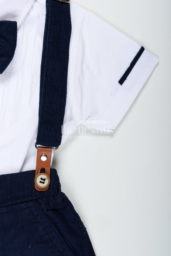 The Nesavu Boys Casual Set Blue Short Set for Boys with Pleated Cotton Shirt and Navy Corduroy Shorts with Matching Suspenders Nesavu Nesavu Blue Short Set Boys White Pleated Shirt Navy Corduroy Shorts Bow Tie