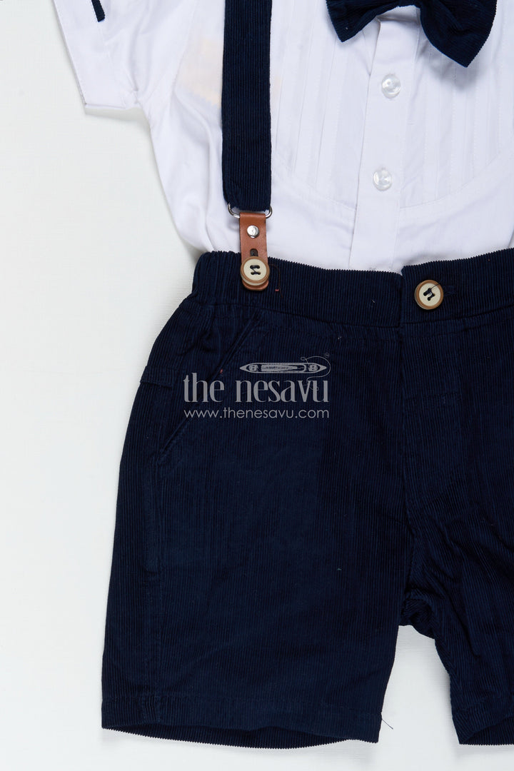 The Nesavu Boys Casual Set Blue Short Set for Boys with Pleated Cotton Shirt and Navy Corduroy Shorts with Matching Suspenders Nesavu Nesavu Blue Short Set Boys White Pleated Shirt Navy Corduroy Shorts Bow Tie