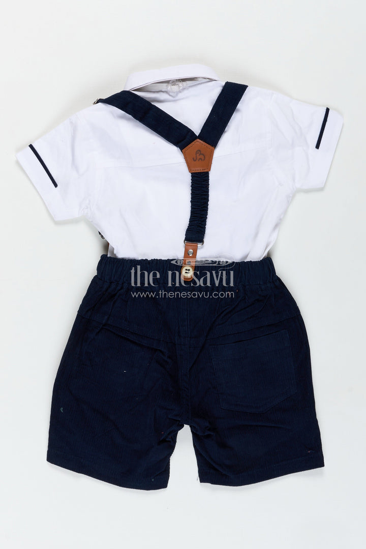 The Nesavu Boys Casual Set Blue Short Set for Boys with Pleated Cotton Shirt and Navy Corduroy Shorts with Matching Suspenders Nesavu Nesavu Blue Short Set Boys White Pleated Shirt Navy Corduroy Shorts Bow Tie
