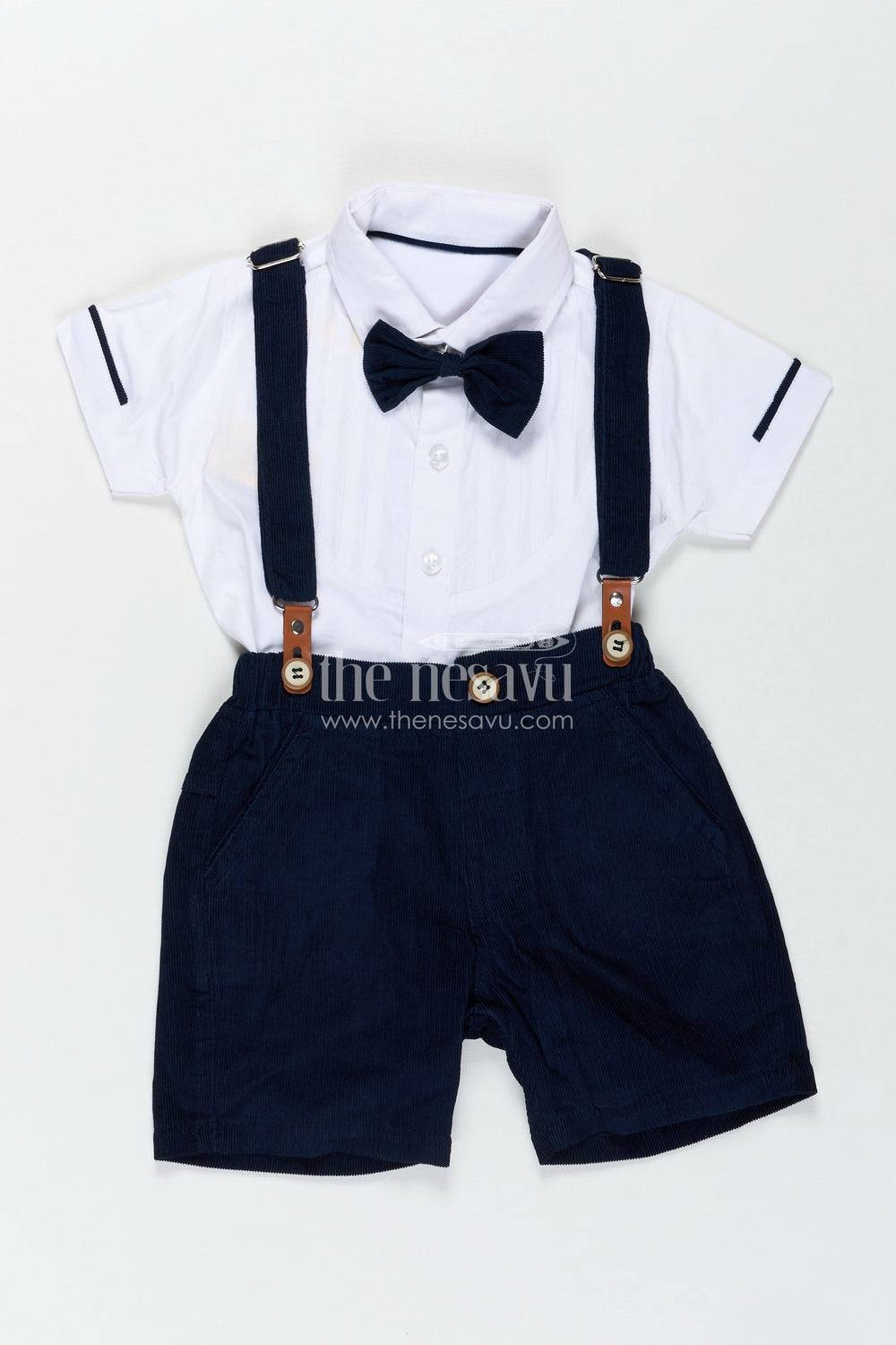 The Nesavu Boys Casual Set Blue Short Set for Boys with Pleated Cotton Shirt and Navy Corduroy Shorts with Matching Suspenders Nesavu Nesavu Blue Short Set Boys White Pleated Shirt Navy Corduroy Shorts Bow Tie