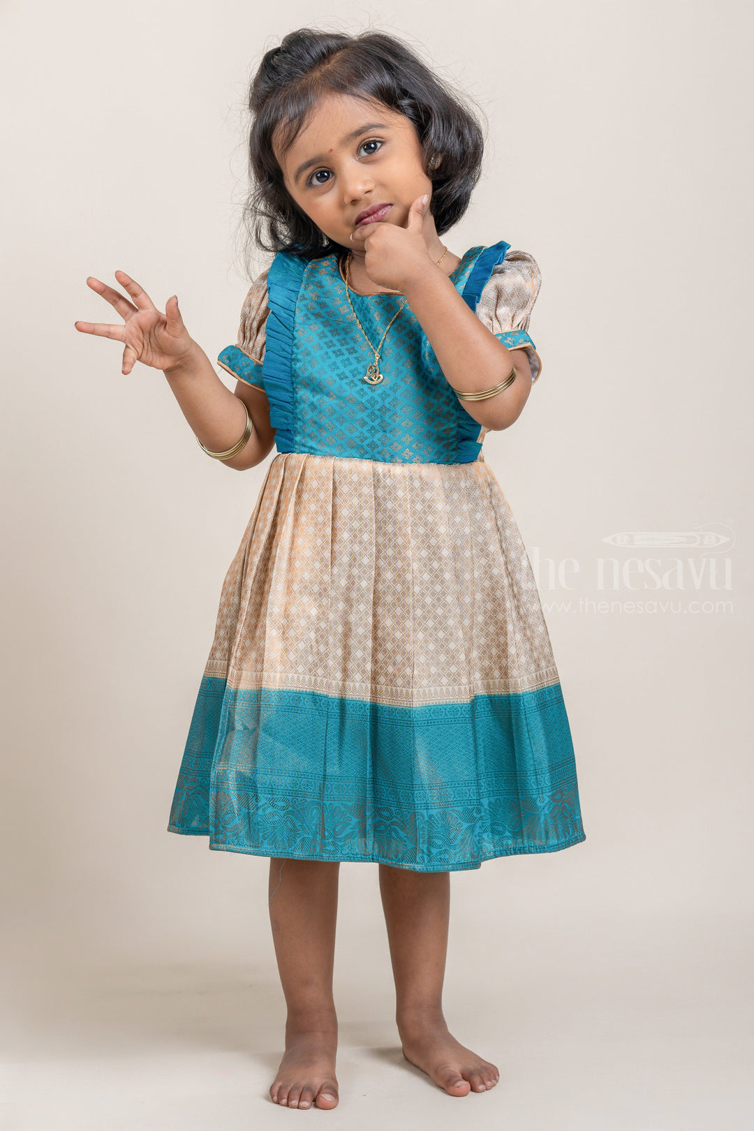 The Nesavu Girls Kanchi Silk Frock Blue with Half White Banarasi Silk Pattu Frock For Kids Girls Nesavu 16 (1Y) / Half White / Big Border SF609A Premium Silk Frock For Girls | Kanchivaram Silk Design | The Nesavu