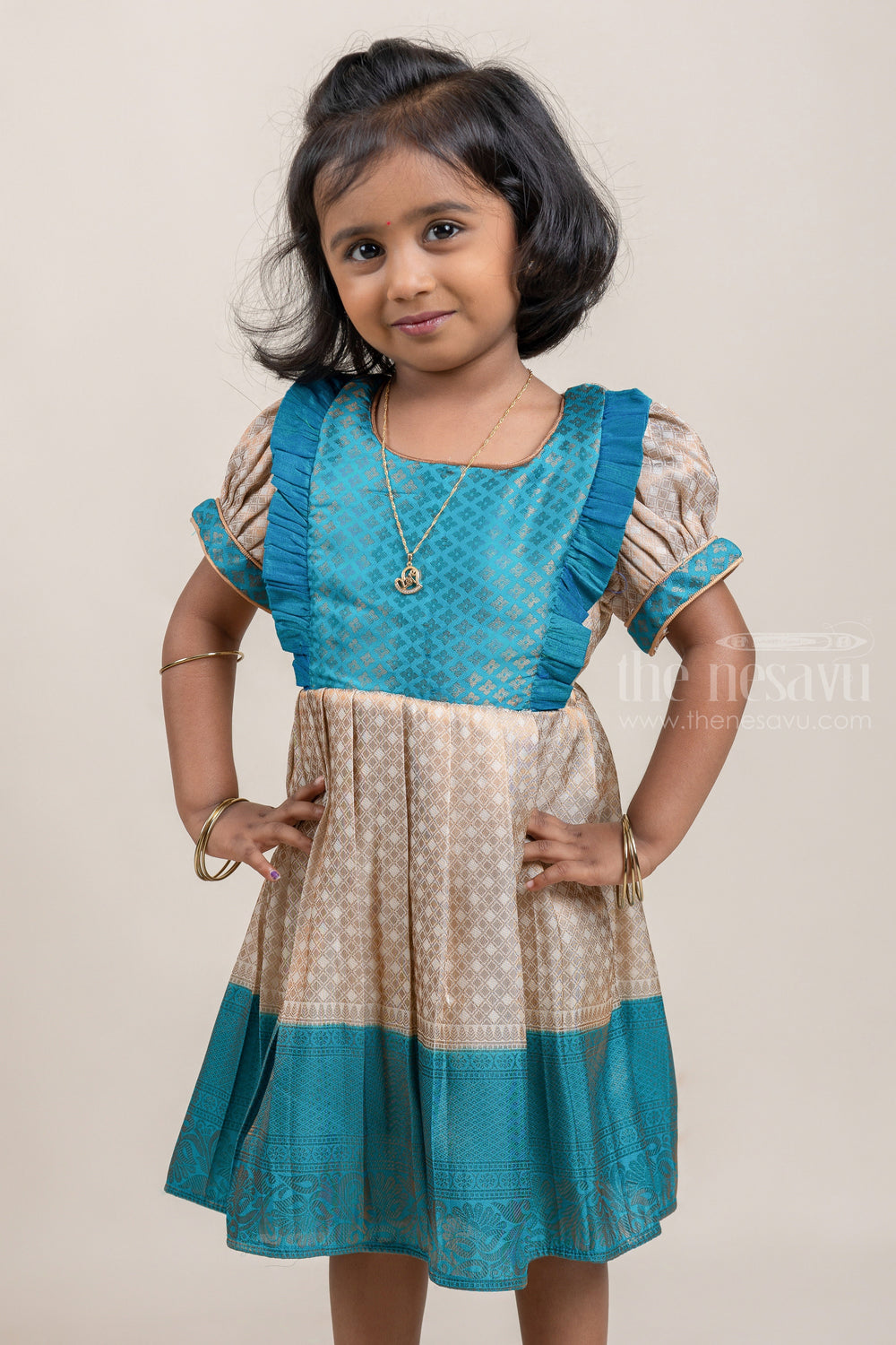 The Nesavu Girls Kanchi Silk Frock Blue with Half White Banarasi Silk Pattu Frock For Kids Girls Nesavu Premium Silk Frock For Girls | Kanchivaram Silk Design | The Nesavu