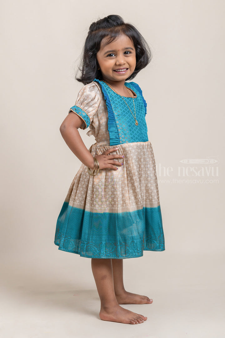 The Nesavu Girls Kanchi Silk Frock Blue with Half White Banarasi Silk Pattu Frock For Kids Girls Nesavu Premium Silk Frock For Girls | Kanchivaram Silk Design | The Nesavu