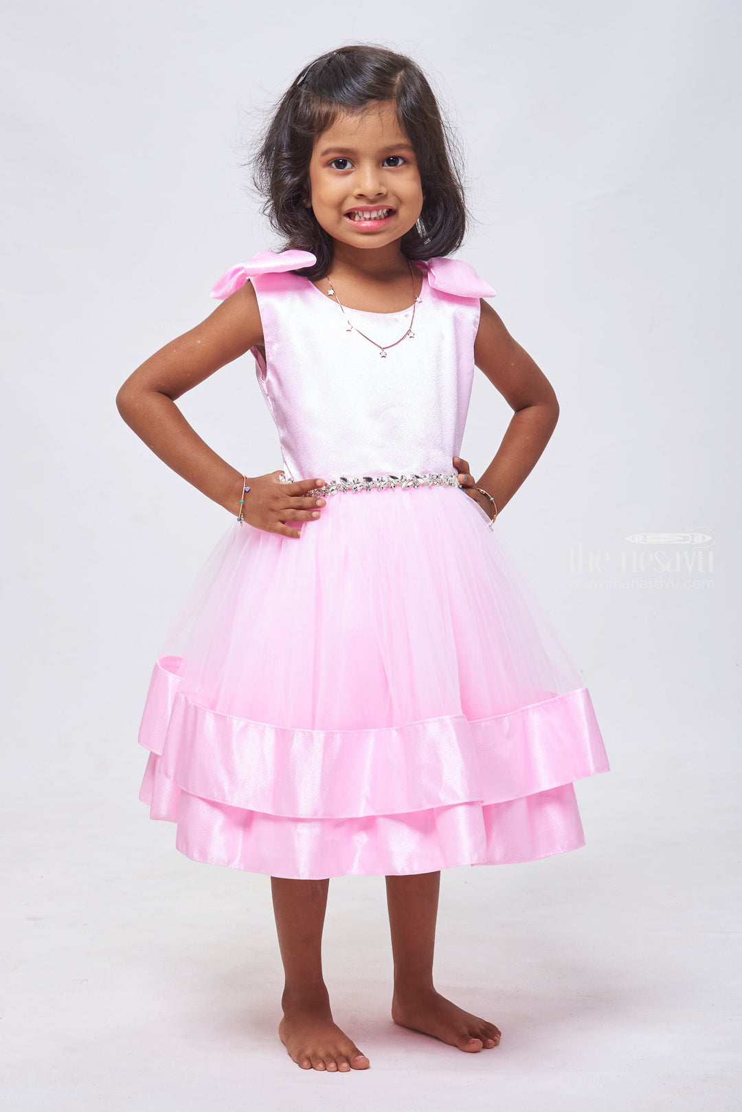 The Nesavu Girls Tutu Frock Blush Beauty: Dual-Layered Net Party Frock with Graceful Bow Applique Nesavu 12 (3M) / Pink / Plain Net PF139B-12 Elegant Birthday Dress for One-Year-Old | Stylish Party Frocks for Girls | The Nesavu