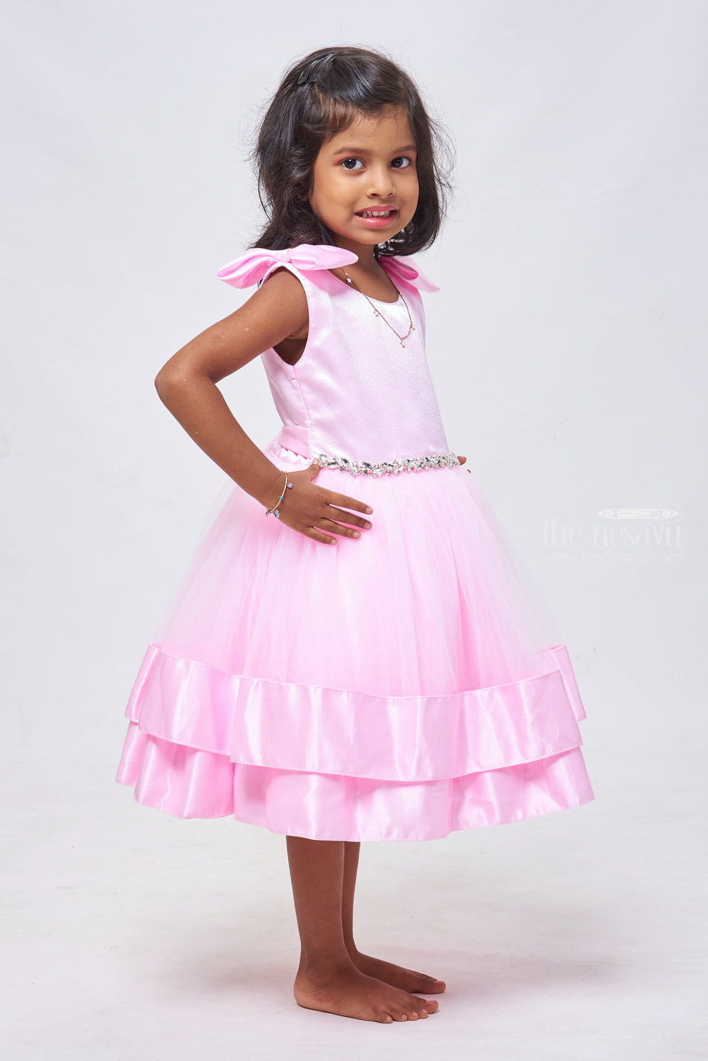 The Nesavu Girls Tutu Frock Blush Beauty: Dual-Layered Net Party Frock with Graceful Bow Applique Nesavu Elegant Birthday Dress for One-Year-Old | Stylish Party Frocks for Girls | The Nesavu