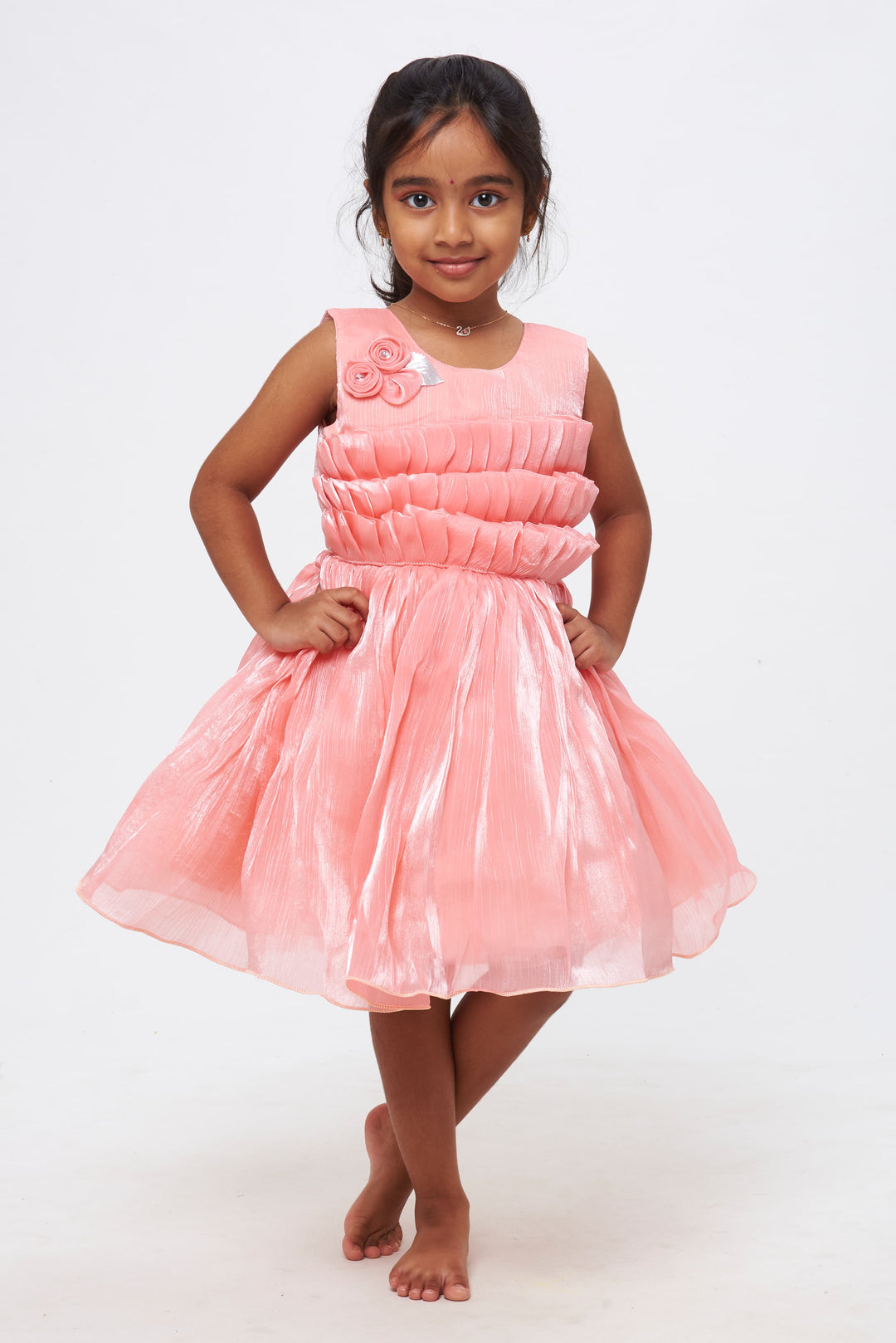 The Nesavu Girls Fancy Party Frock Blush Blossom: Girls Pink Tulle Frock with Rosette Accents Nesavu 16 (1Y) / Pink / Satin Organza PF155A-16 The Perfect Twirl | Elegant Frocks for Girls' Party Nights | The Nesavu