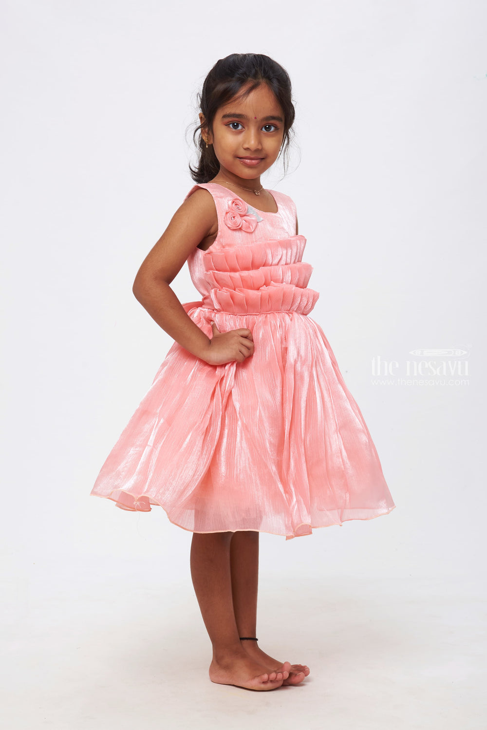 The Nesavu Girls Fancy Party Frock Blush Blossom: Girls Pink Tulle Frock with Rosette Accents Nesavu The Perfect Twirl | Elegant Frocks for Girls' Party Nights | The Nesavu