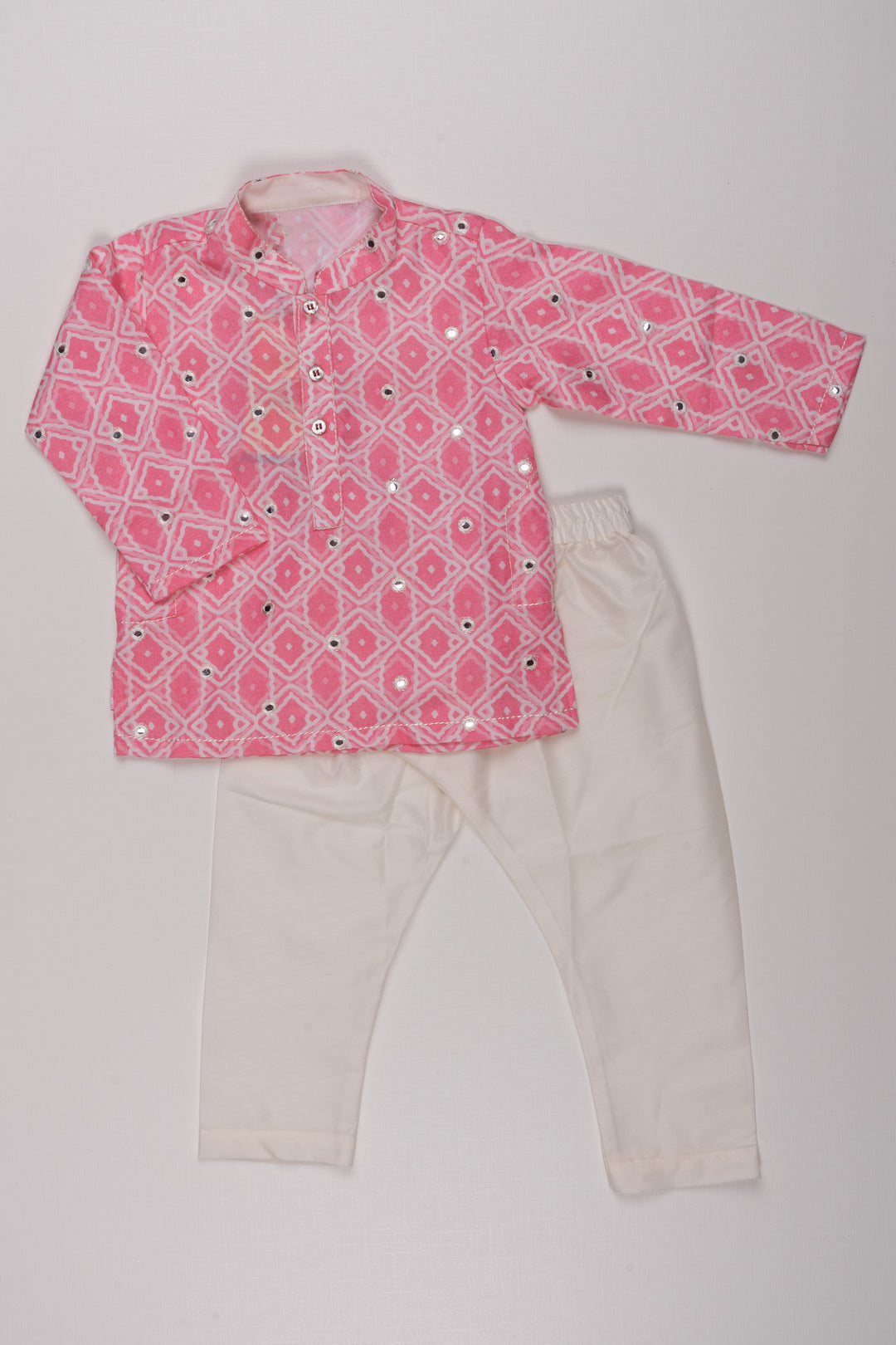 The Nesavu Boys Kurtha Set Blush Blossom: Mirror-Embroidered Geometric Printed Pink Kurta Shirt & Pant Set for Boys Nesavu 14 (6M) / Pink / Cotton BES400D-14 Boys Ethnic Kurta Pant Ensemble | Festive Indian Outfits | The Nesavu
