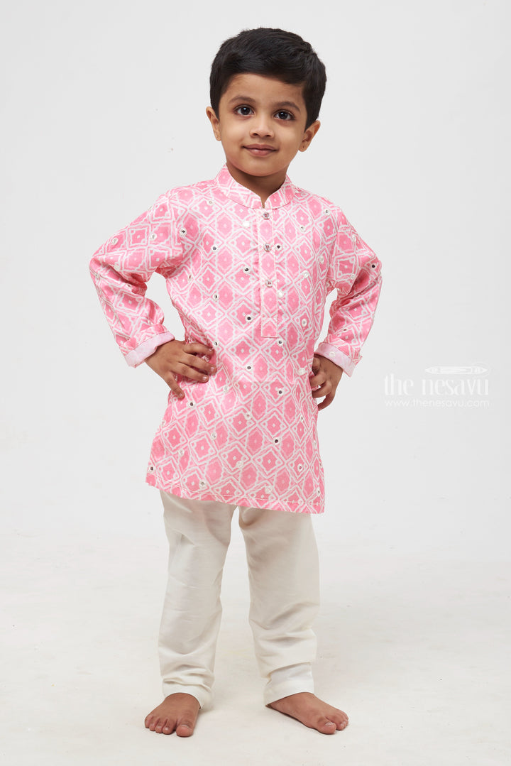 The Nesavu Boys Kurtha Set Blush Blossom: Mirror-Embroidered Geometric Printed Pink Kurta Shirt & Pant Set for Boys Nesavu Boys Ethnic Kurta Pant Ensemble | Festive Indian Outfits | The Nesavu