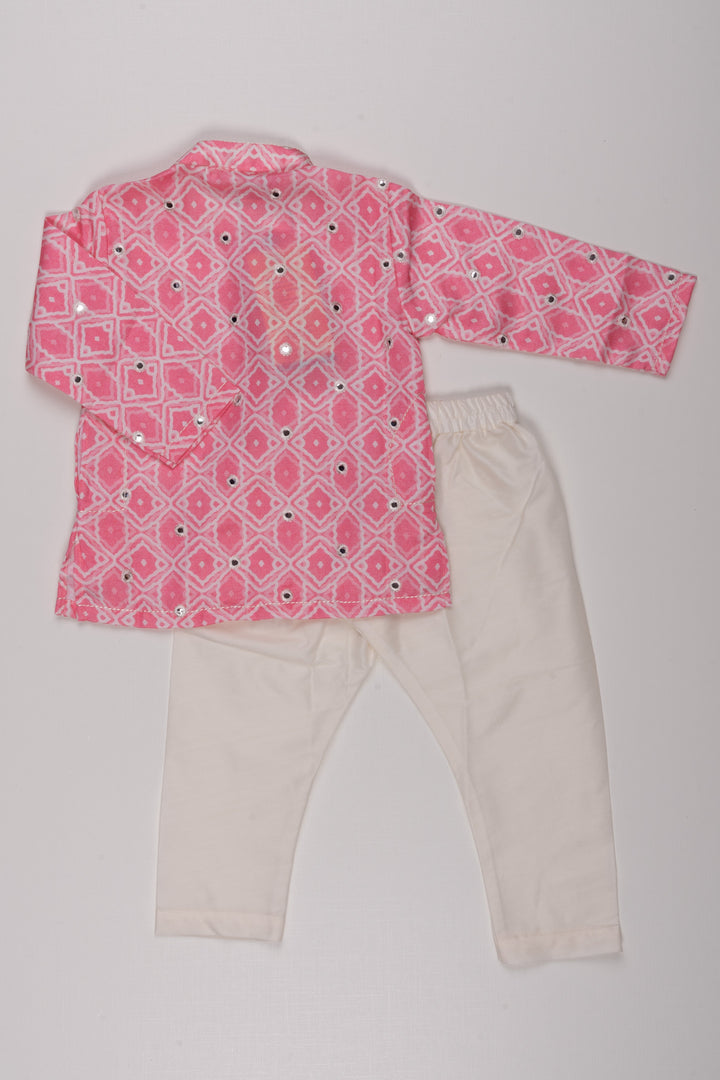 The Nesavu Boys Kurtha Set Blush Blossom: Mirror-Embroidered Geometric Printed Pink Kurta Shirt & Pant Set for Boys Nesavu Boys Ethnic Kurta Pant Ensemble | Festive Indian Outfits | The Nesavu