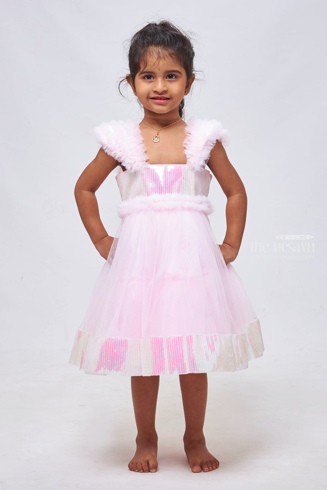 The Nesavu Girls Tutu Frock Blush Brilliance: Designer Sequin-Embroidered Party Frock in Soft Pink Nesavu 16 (1Y) / Pink / Plain Net PF145B-16 Elegant Embroidery Designs: Beautiful Birthday Frocks for Girls | The Nesavu