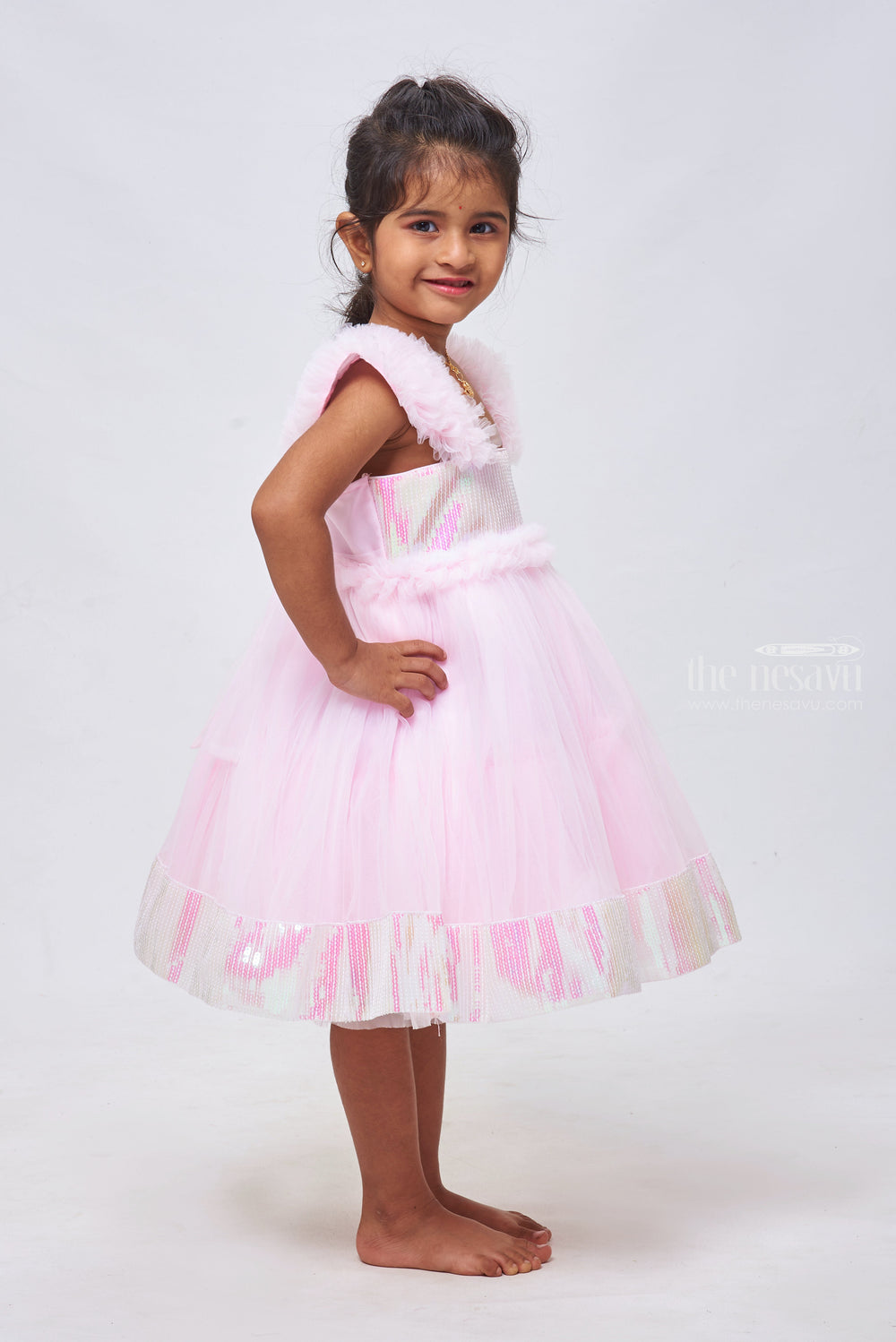 The Nesavu Girls Tutu Frock Blush Brilliance: Designer Sequin-Embroidered Party Frock in Soft Pink Nesavu Elegant Embroidery Designs: Beautiful Birthday Frocks for Girls | The Nesavu