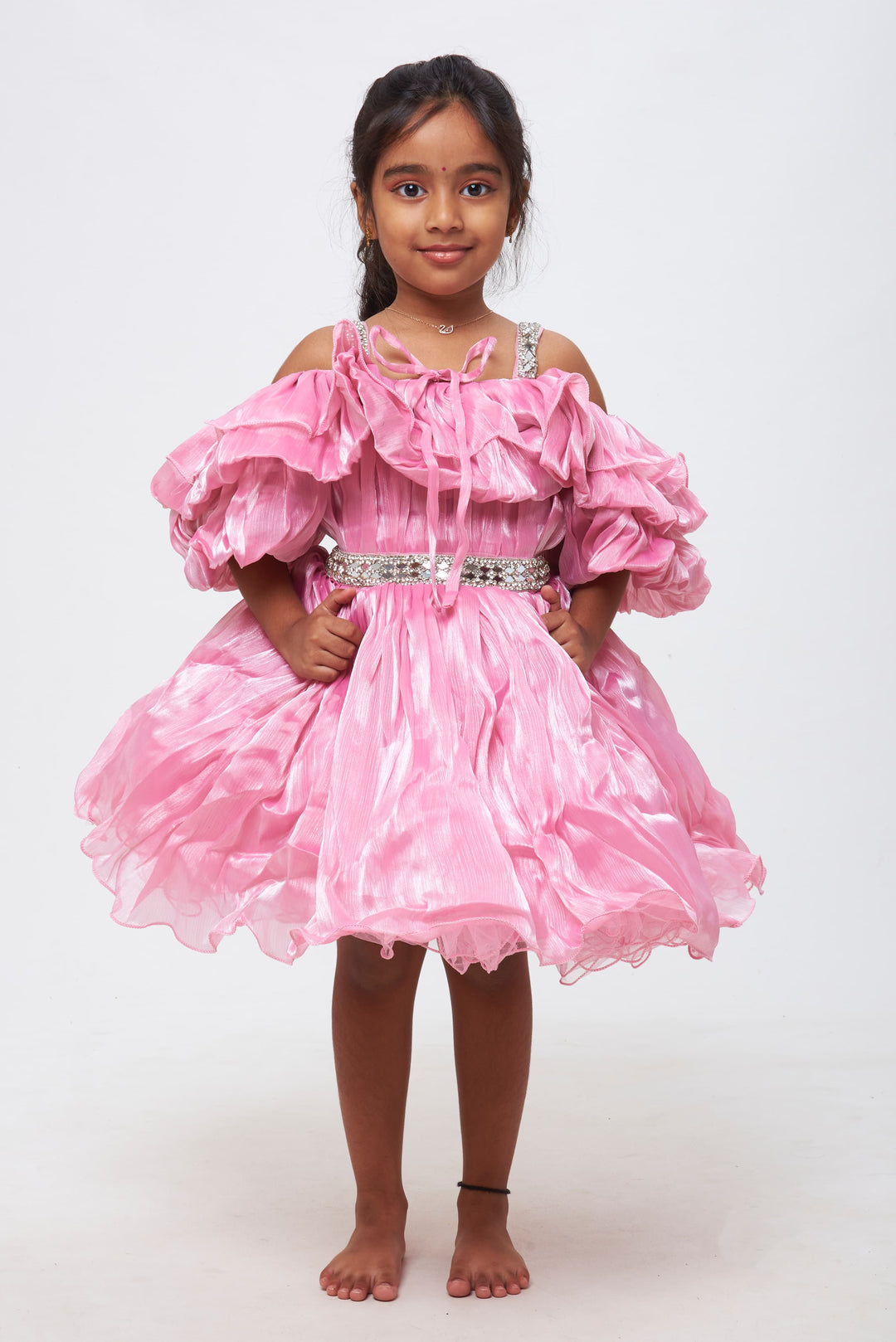 The Nesavu Girls Fancy Party Frock Blush Dream: Girls Organza Ruffle Party Frock with Sparkling Embellishments Nesavu 16 (1Y) / Pink / Satin Organza PF154A-16 Enchanting Elegance | Girls' Party Frocks to Fall in Love With | The Nesavu