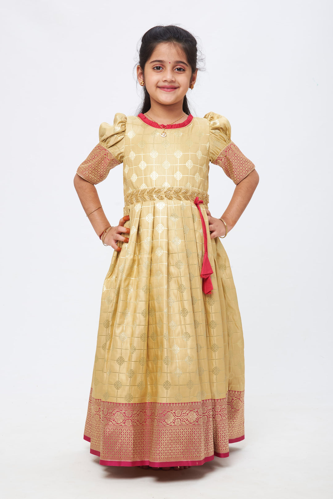 The Nesavu Silk Gown Blush Edge Elegance: Beige & Pink Zari Checkered Pleated Jacquard Silk Gown for Girls Nesavu 16 (1Y) / Beige / Jacquard GA154C-16 Anarkali Suit Online Shopping | Best Anarkali Dresses Online | The Nesavu
