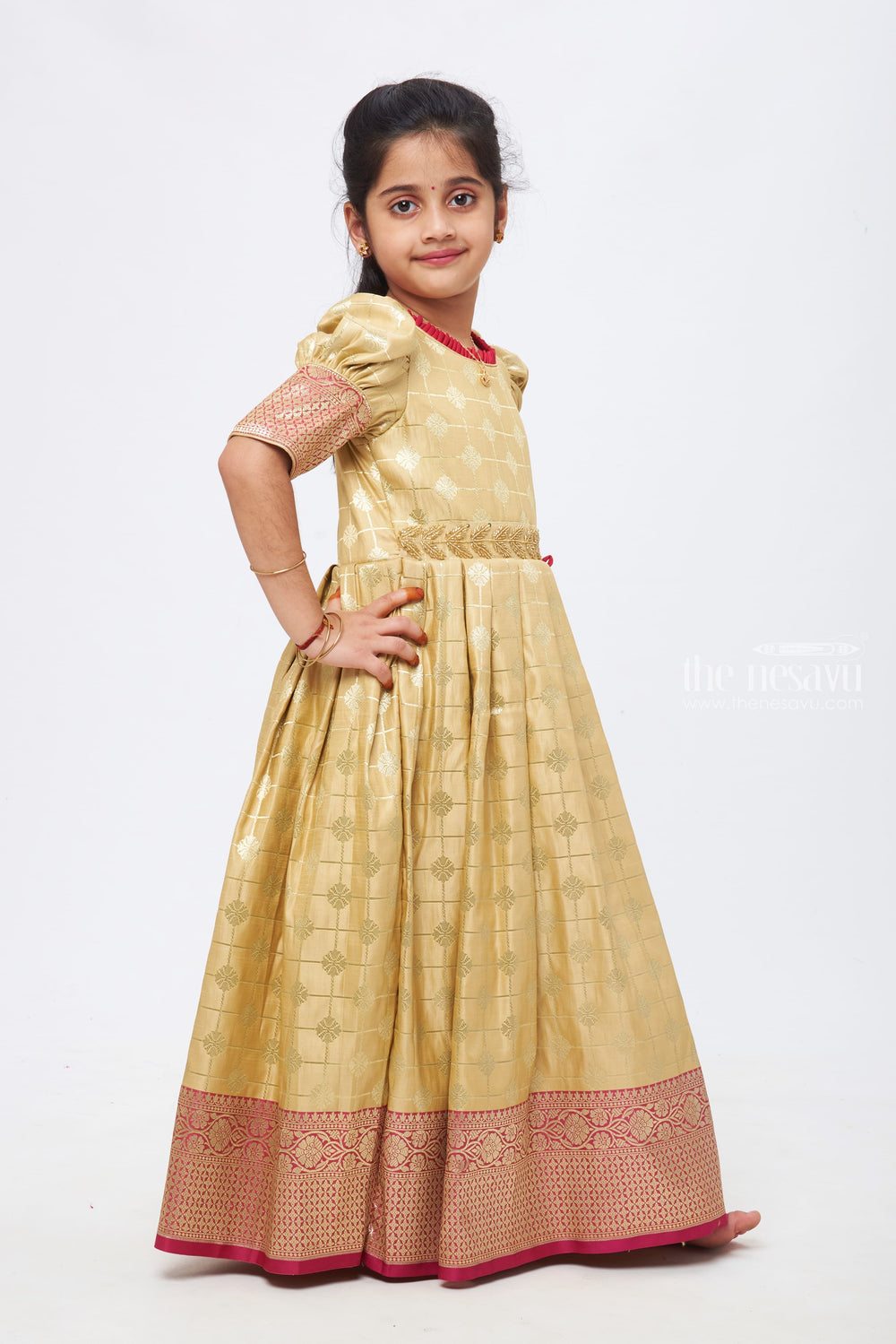 The Nesavu Silk Gown Blush Edge Elegance: Beige & Pink Zari Checkered Pleated Jacquard Silk Gown for Girls Nesavu Anarkali Suit Online Shopping | Best Anarkali Dresses Online | The Nesavu