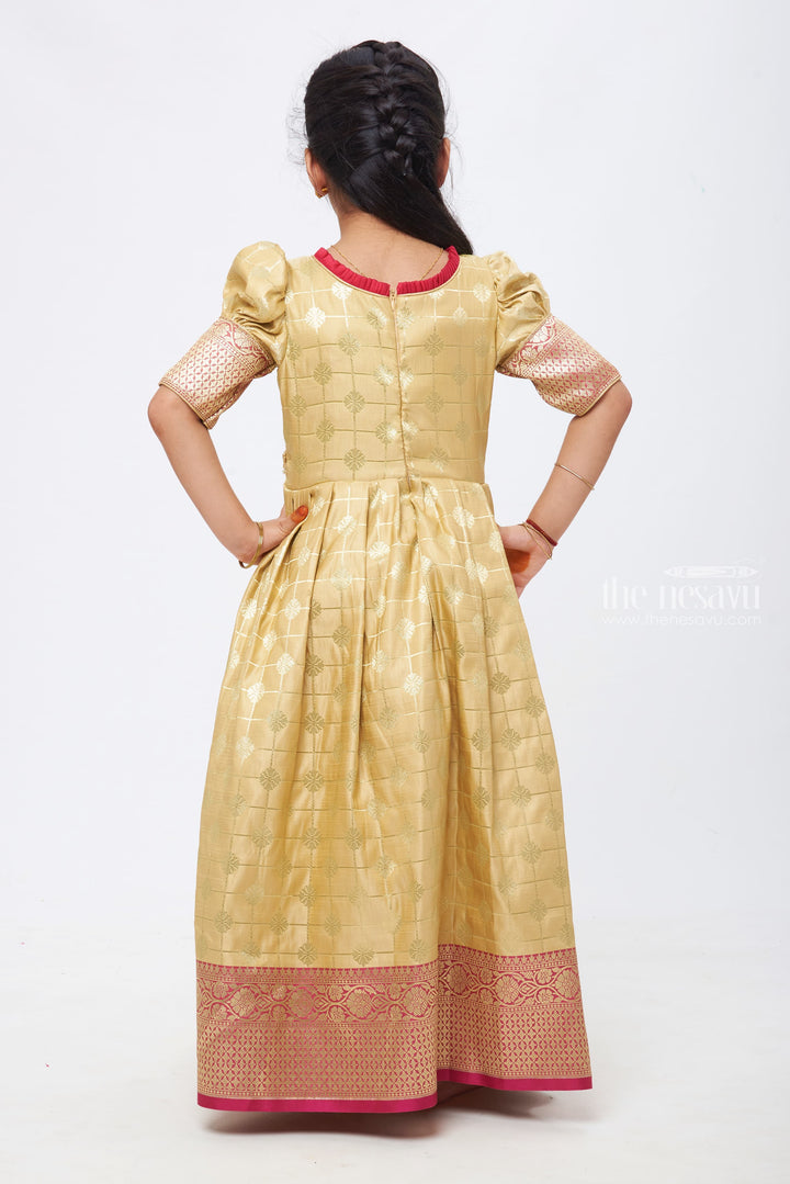 The Nesavu Silk Gown Blush Edge Elegance: Beige & Pink Zari Checkered Pleated Jacquard Silk Gown for Girls Nesavu Anarkali Suit Online Shopping | Best Anarkali Dresses Online | The Nesavu