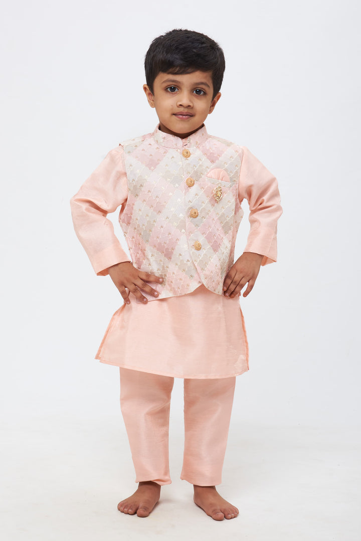 The Nesavu Boys Jacket Sets Blush Elegance: Boys Soft Pink Kurta Shirt and Pant Set with Pastel Embroidered Overcoat Nesavu 12 (3M) / Pink / Silk Blend BES424B-12 Layers of Grandeur for Little Gents | Boys Kurta with Overcoat and Pant | The Nesavu