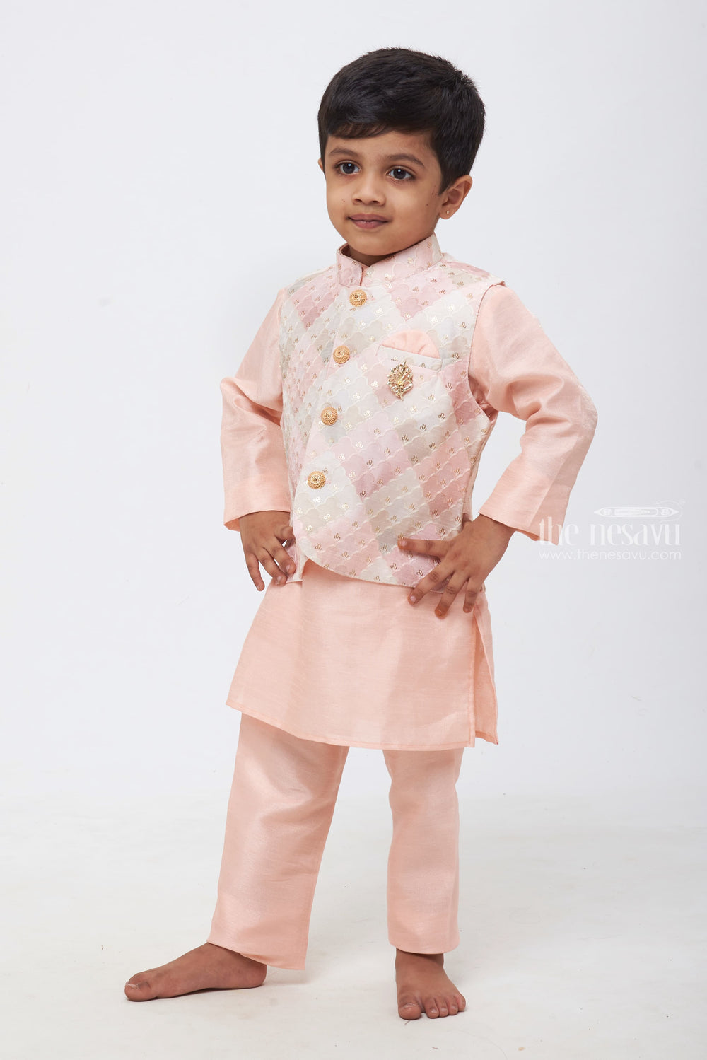 The Nesavu Boys Jacket Sets Blush Elegance: Boys Soft Pink Kurta Shirt and Pant Set with Pastel Embroidered Overcoat Nesavu Layers of Grandeur for Little Gents | Boys Kurta with Overcoat and Pant | The Nesavu