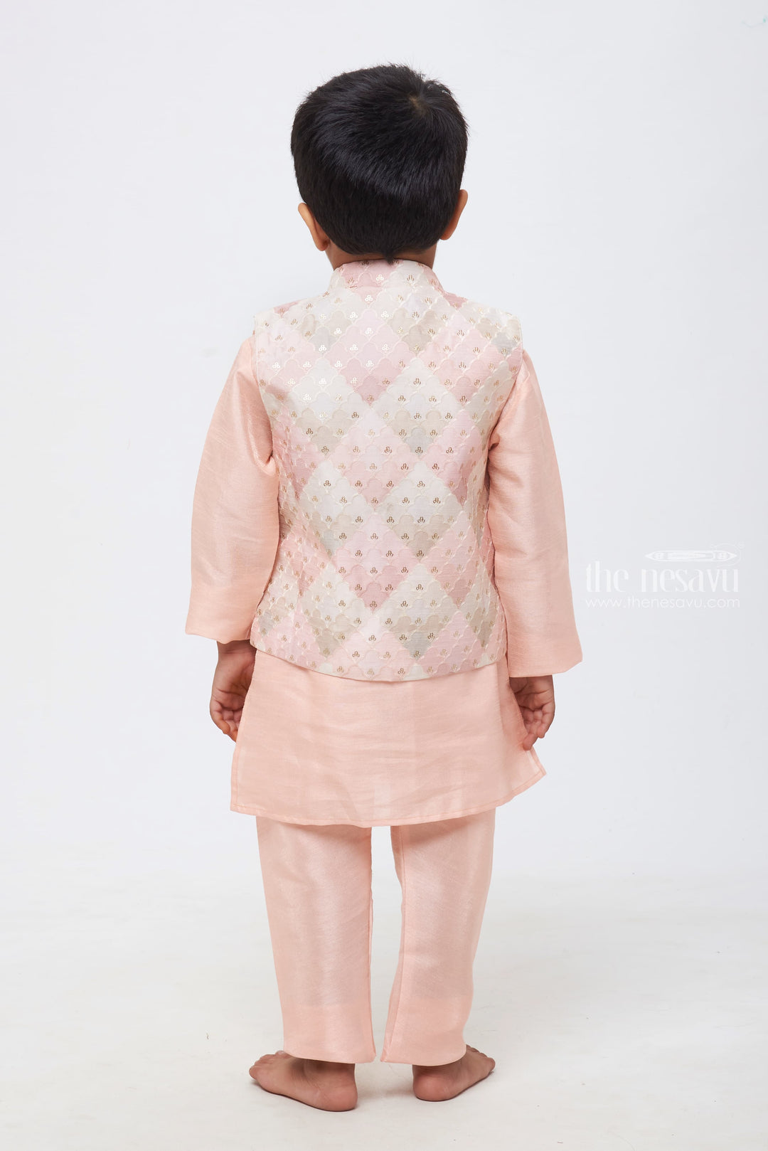 The Nesavu Boys Jacket Sets Blush Elegance: Boys Soft Pink Kurta Shirt and Pant Set with Pastel Embroidered Overcoat Nesavu Layers of Grandeur for Little Gents | Boys Kurta with Overcoat and Pant | The Nesavu