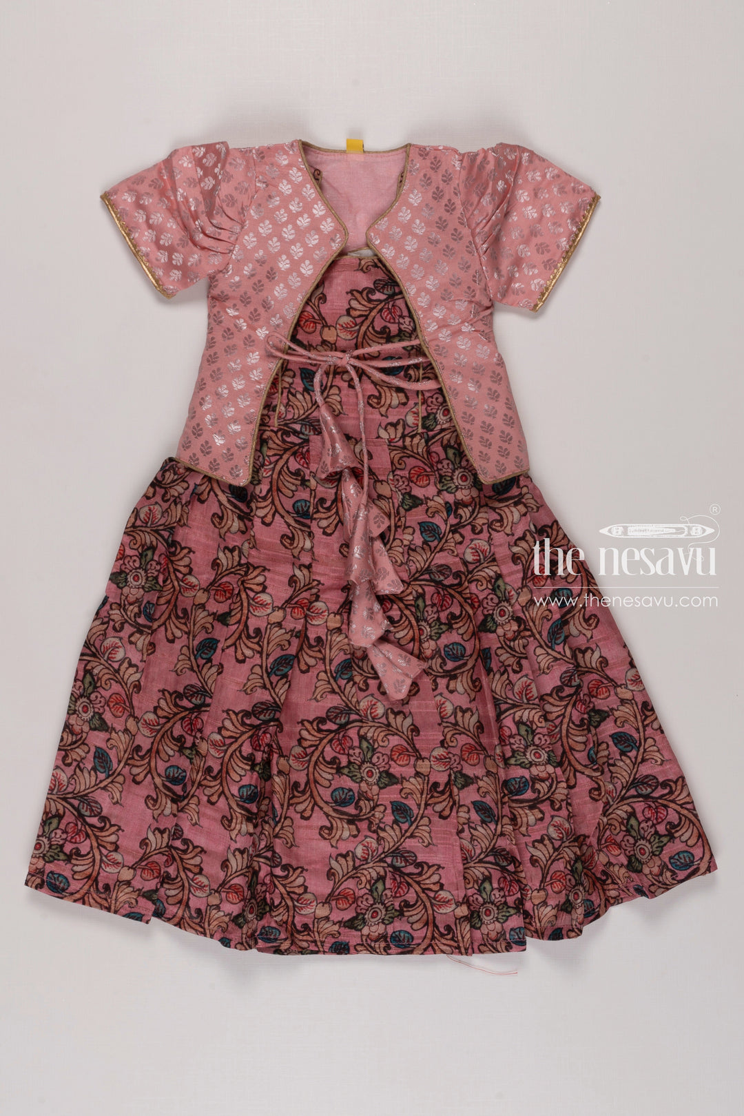 The Nesavu Girls Silk Gown Blush Elegance: Children's Pink Brocade Jacket & Paisley Anarkali Gown for Girls Nesavu 16 (1Y) / Pink / Silk Blend GA179B-16 Classic Charm Meets Modern Layers: Anarkali with Overcoat Styles | The Nesavu