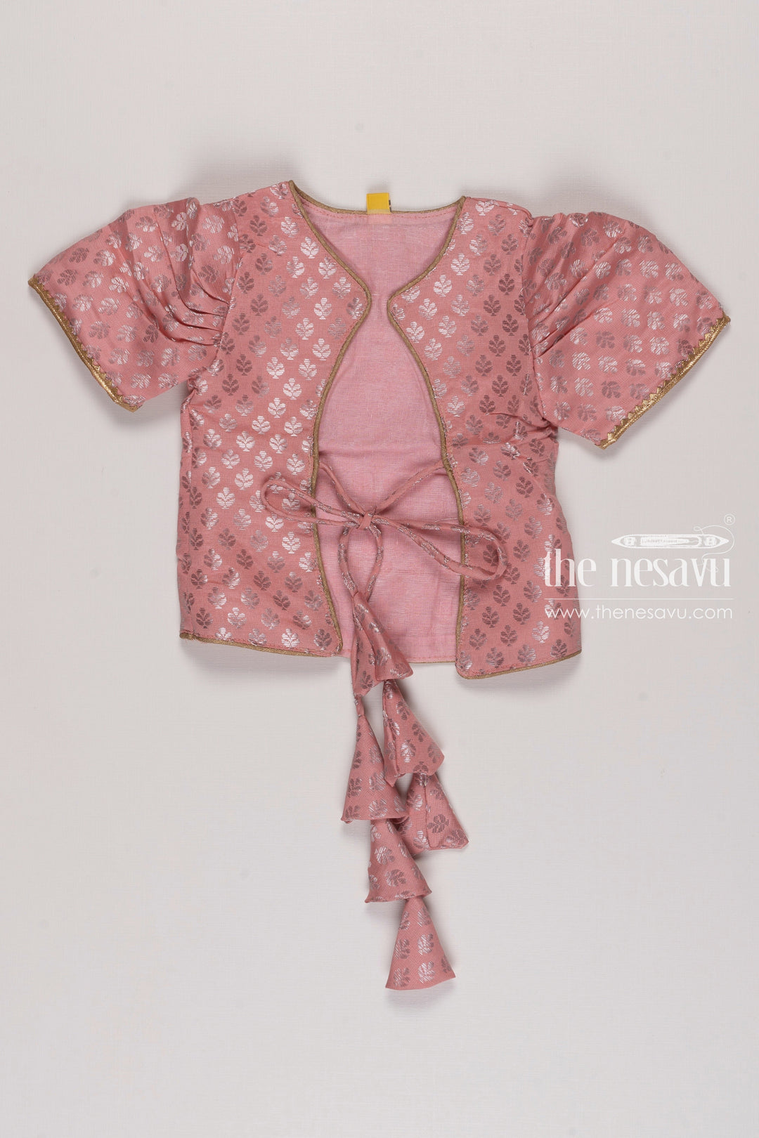 The Nesavu Girls Silk Gown Blush Elegance: Children's Pink Brocade Jacket & Paisley Anarkali Gown for Girls Nesavu Classic Charm Meets Modern Layers: Anarkali with Overcoat Styles | The Nesavu