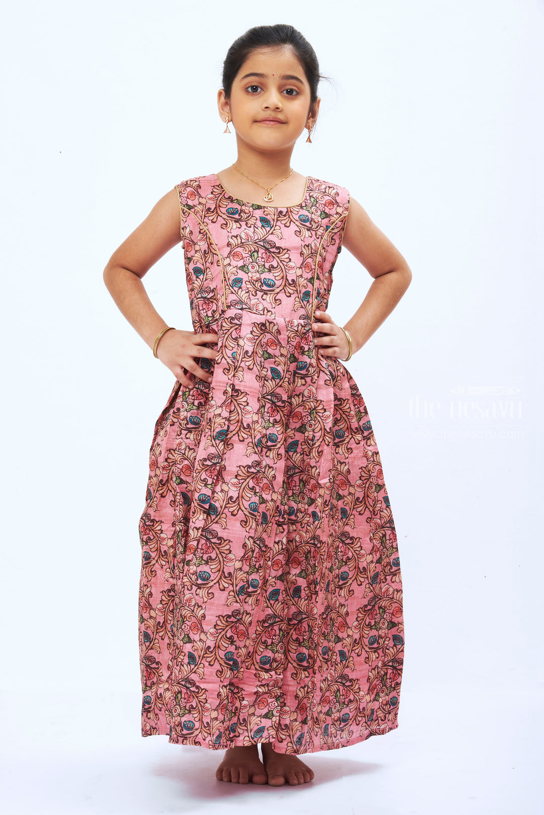 The Nesavu Girls Silk Gown Blush Elegance: Children's Pink Brocade Jacket & Paisley Anarkali Gown for Girls Nesavu Classic Charm Meets Modern Layers: Anarkali with Overcoat Styles | The Nesavu