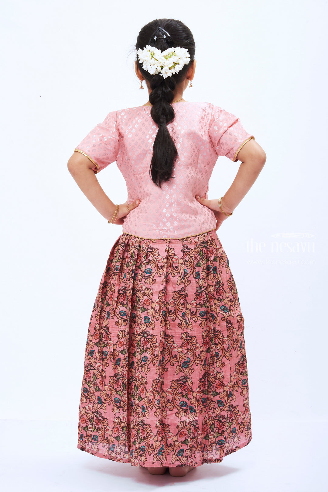 The Nesavu Girls Silk Gown Blush Elegance: Children's Pink Brocade Jacket & Paisley Anarkali Gown for Girls Nesavu Classic Charm Meets Modern Layers: Anarkali with Overcoat Styles | The Nesavu