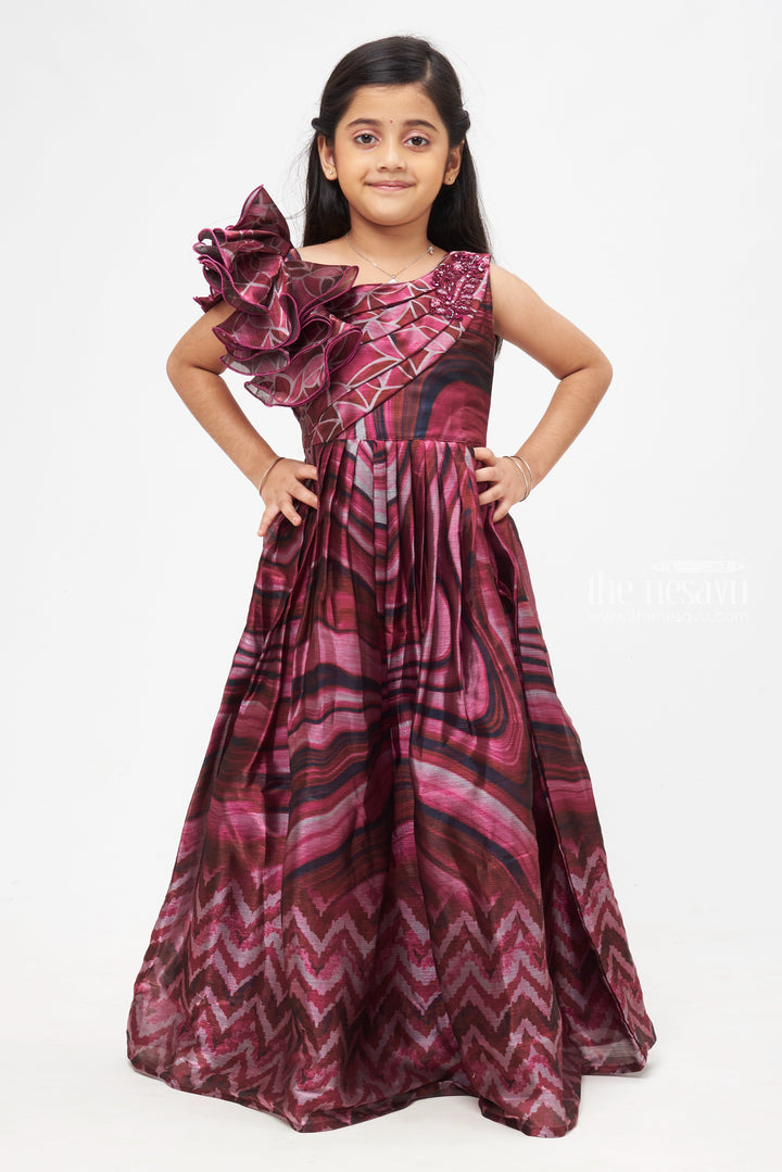 The Nesavu Girls Party Gown Blush Essence: Abstract Printed Ruffle Pleated Pink Anarkali for Girls- Stylish Festive Gowns Nesavu 18 (2Y) / Pink / Organza GA168A-18 Latest Anarkali Dress Patterns | Beautiful Anarkali Dress for Wedding | The Nesavu