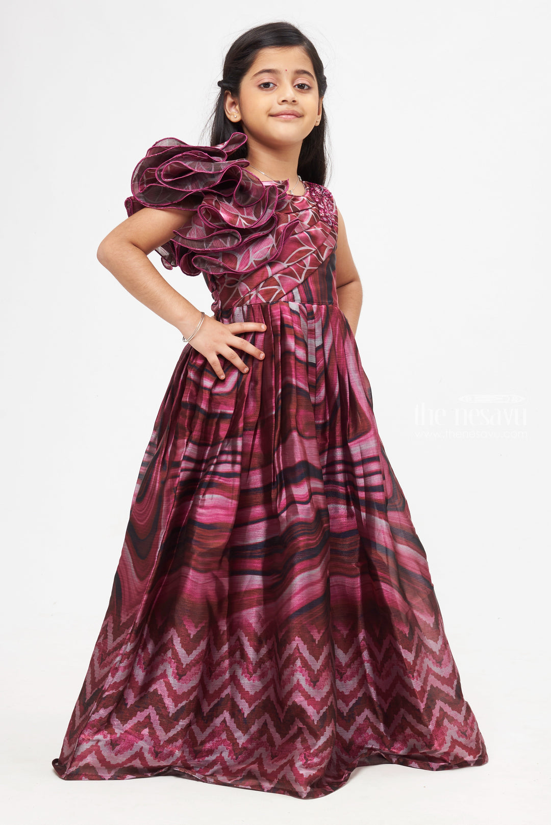 The Nesavu Girls Party Gown Blush Essence: Abstract Printed Ruffle Pleated Pink Anarkali for Girls- Stylish Festive Gowns Nesavu Latest Anarkali Dress Patterns | Beautiful Anarkali Dress for Wedding | The Nesavu