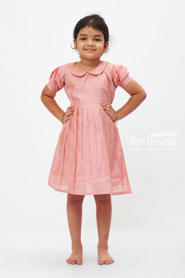 The Nesavu Girls Cotton Frock Blush Gold Elegance Frock: Traditional Puff Sleeve Dress for Girls Nesavu 14 (6M) / Pink GFC1205B-14 Traditional Blush Pink Girls Dress with Gold Accents | Puff Sleeve Formal Wear | The Nesavu