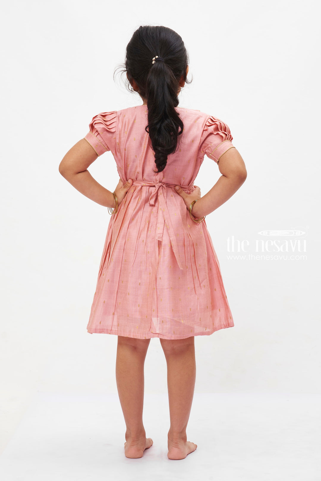 The Nesavu Girls Cotton Frock Blush Gold Elegance Frock: Traditional Puff Sleeve Dress for Girls Nesavu Traditional Blush Pink Girls Dress with Gold Accents | Puff Sleeve Formal Wear | The Nesavu