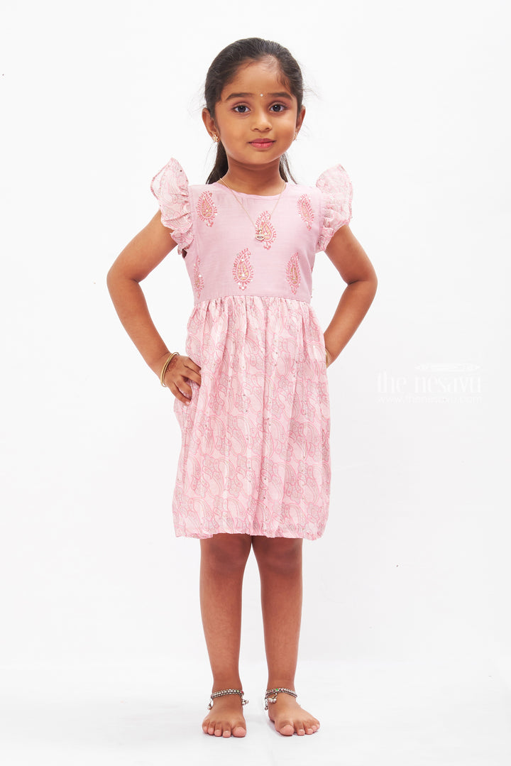 The Nesavu Girls Cotton Frock Blush Paisley Cotton Frock with Ruffle Sleeves for Girls Nesavu 16 (1Y) / Pink GFC1234A-16 Girls Summer Cotton Dress | Soft Pink Paisley Frock | The Nesavu