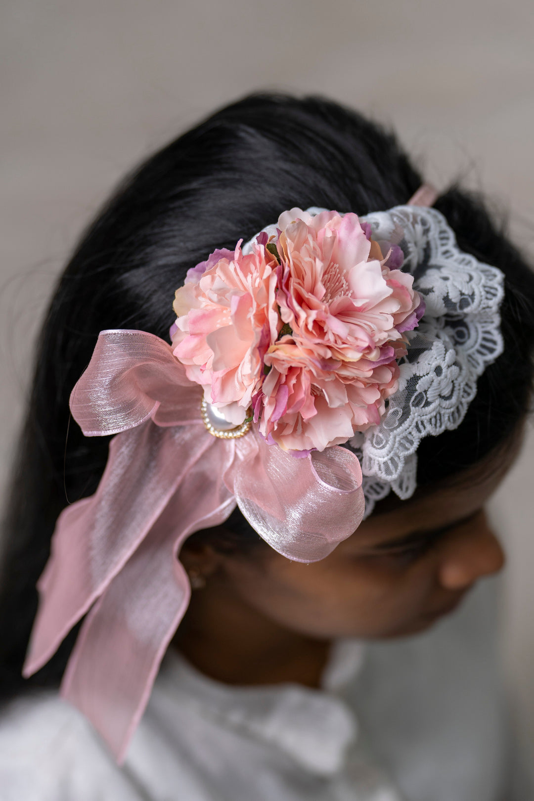 The Nesavu Hair Band Blush Pink Carnation Lace Hairband with Satin Bow Nesavu Pink JHB83B Charming Blush Pink Floral Lace Hairband | Perfect Wedding & Special Occasion Accessory