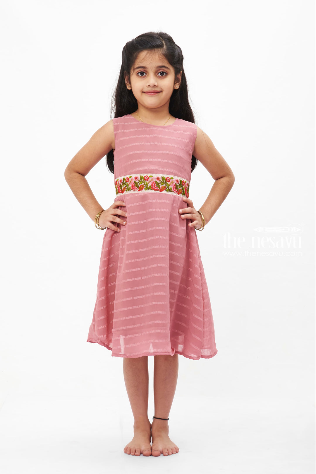 The Nesavu Girls Fancy Frock Blush Pink Elegance Dress: Subtle Stripes with Floral Embroidery for Girls Nesavu 18 (2Y) / Pink GFC1212A-18 Girls' Blush Pink Stripe Dress | Floral Embroidered Frock | Classic Elegance for Children | The Nesavu