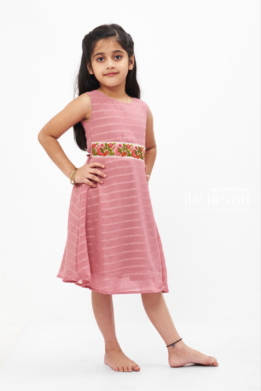 The Nesavu Girls Fancy Frock Blush Pink Elegance Dress: Subtle Stripes with Floral Embroidery for Girls Nesavu Girls' Blush Pink Stripe Dress | Floral Embroidered Frock | Classic Elegance for Children | The Nesavu