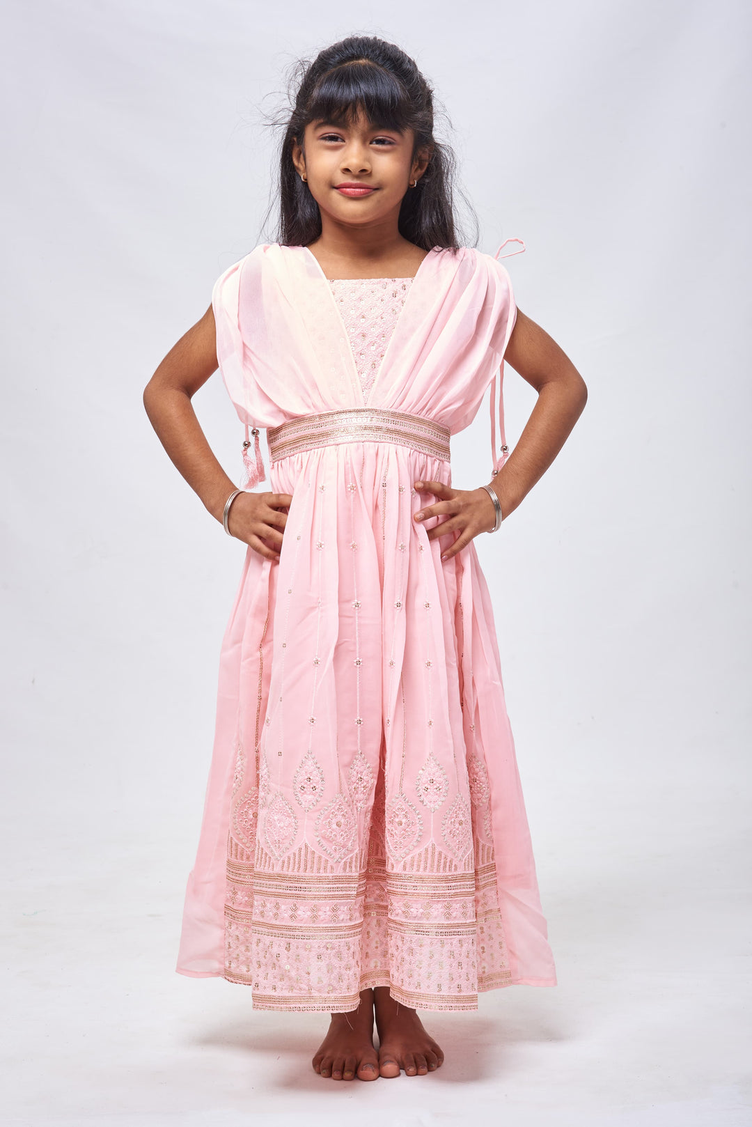 The Nesavu Girls Party Gown Blush Pink Sequins & Poncho Sleeves: Full Length Anarkali for Girls- Designer Anarkali for Girls Diwali Collection Nesavu 22 (4Y) / Pink / Georgette GA147C-22 Festive Diwali Special Anarkali Outfits | Anarkali Embroidery Dress Designs | The Nesavu