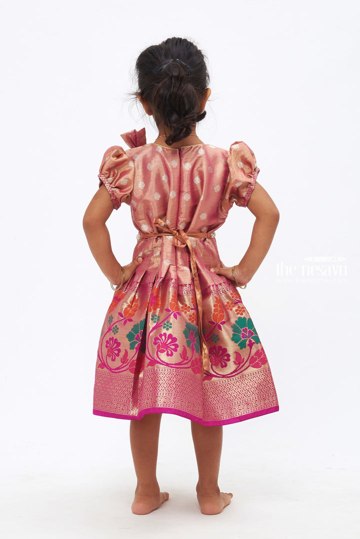 The Nesavu Silk Frock Blushing Blooms: Vibrant Floral Zari Embroidered Pink Silk Frock for Girls Nesavu Girls' Elegant Silk Ceremonial Dress | Art Silk Festive Gown | The Nesavu