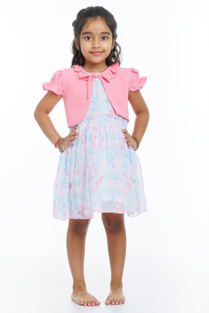 The Nesavu Girls Fancy Frock Blushing Petals Pink Frock with Sheer Floral Jacket for Girls Nesavu 20 (3Y) / Pink / Georgette GFC1275B-20 Girls Pink Sheer Jacket & Floral Dress - Stylish & Delicate | The Nesavu