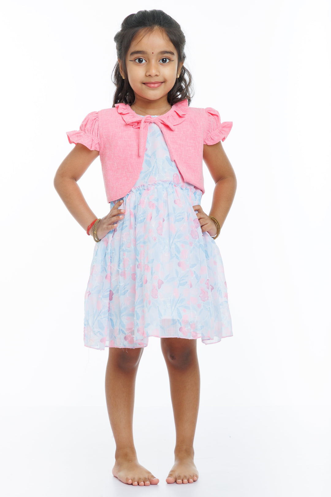 The Nesavu Girls Fancy Frock Blushing Petals Pink Frock with Sheer Floral Jacket for Girls Nesavu 20 (3Y) / Pink / Georgette GFC1275B-20 Girls Pink Sheer Jacket & Floral Dress - Stylish & Delicate | The Nesavu